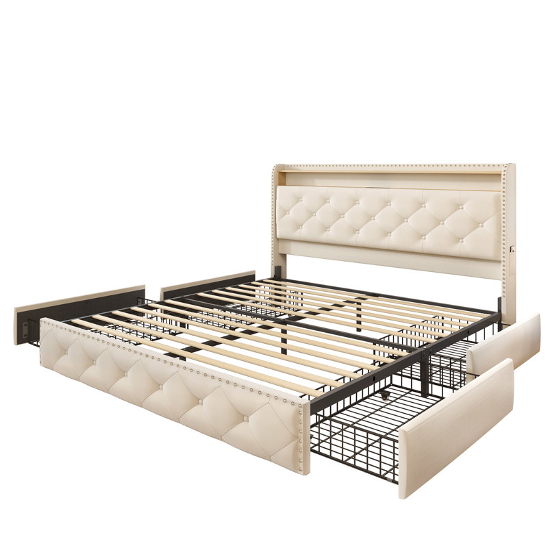 Upholstered Platform Bed with 4 Storage Drawers, Velvet Queen Size Bed with Storage Shelf Headboard&Charging Station&Led Lights, Beige