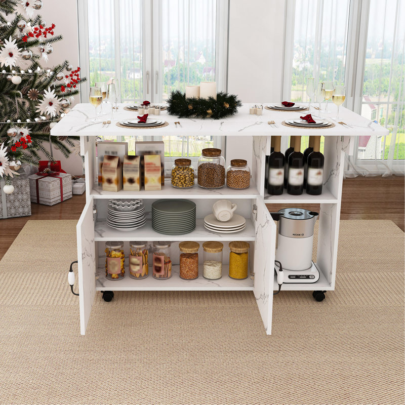 47" Multi-Functional Folding Dining Table with Storage Shelves & Wheels, Compact Space-Saving Desk for Kitchen, Dorm & Office, White