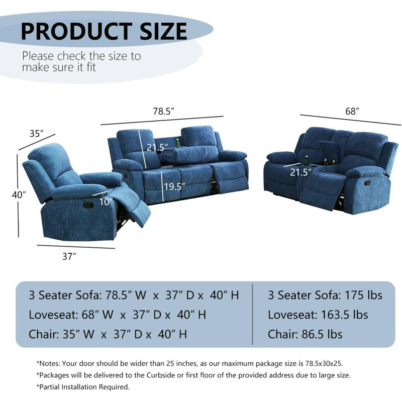 68" Manual Reclining Loveseat, Blue