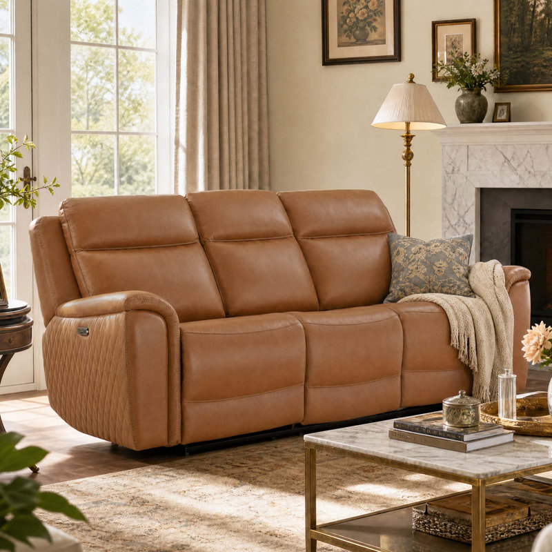 88.6'' Genuine Leather Zero Gravity Power Recliner Sofa with USB Port, Aline Butternut