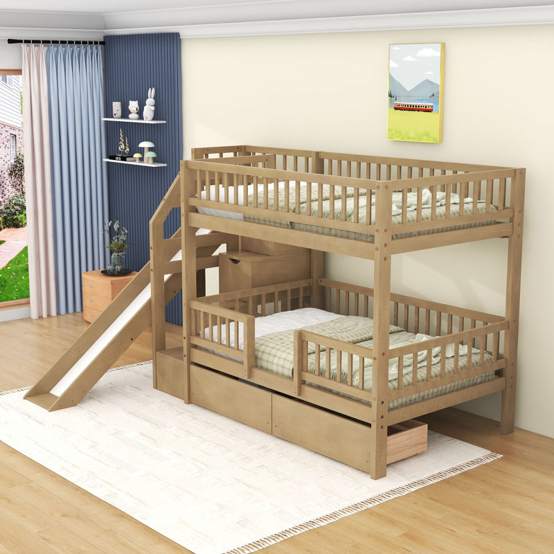 2 Drawers Twin Over Twin Bunk Bed With Storage Stair, Slide And Guardrails, Walnut