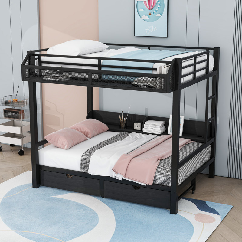 Lit superposé en métal avec éclairage DEL, ports USB, tablettes et tiroirs, Noir, noir, noir, noir, Double