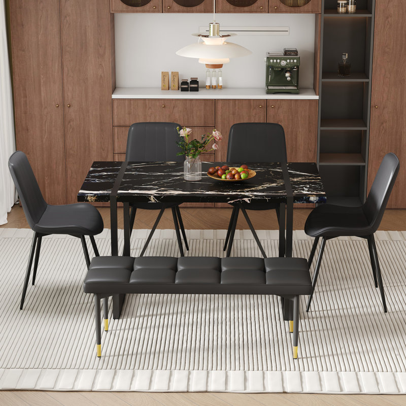 Ensemble de table et de chaises. Ensemble de table de salle à manger en MDF à motif de marbre moderne - 55 po x 31,4 po avec 4 chaises de salle à manger en polyuréthane à coussin allongé et 1 banc
