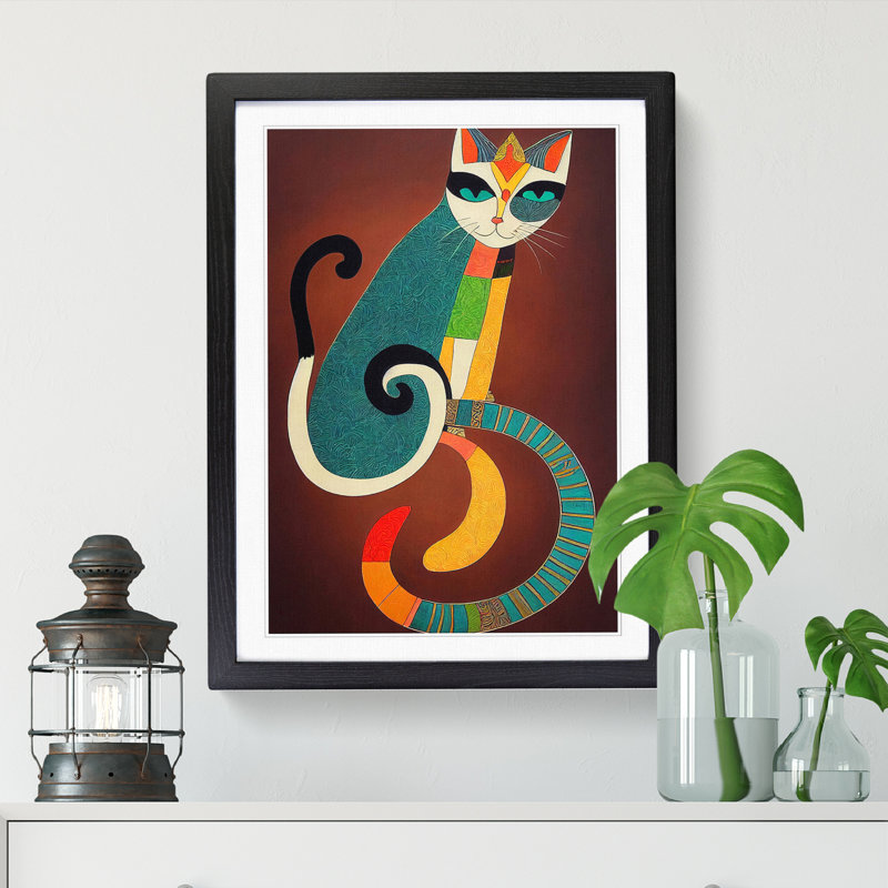 Cat Indian Art - Picture Frame Print, 64cm H x 46cm W, Walnut Framed
