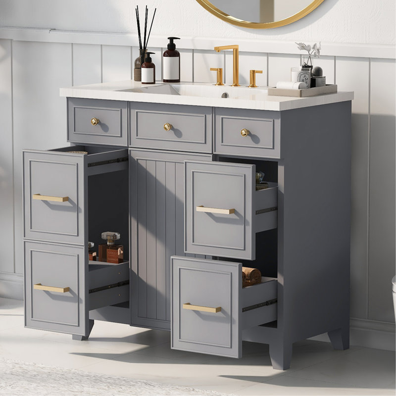 Meuble-lavabo luxueux avec caractéristiques haut de gamme et design fonctionnel, Doré, Gris