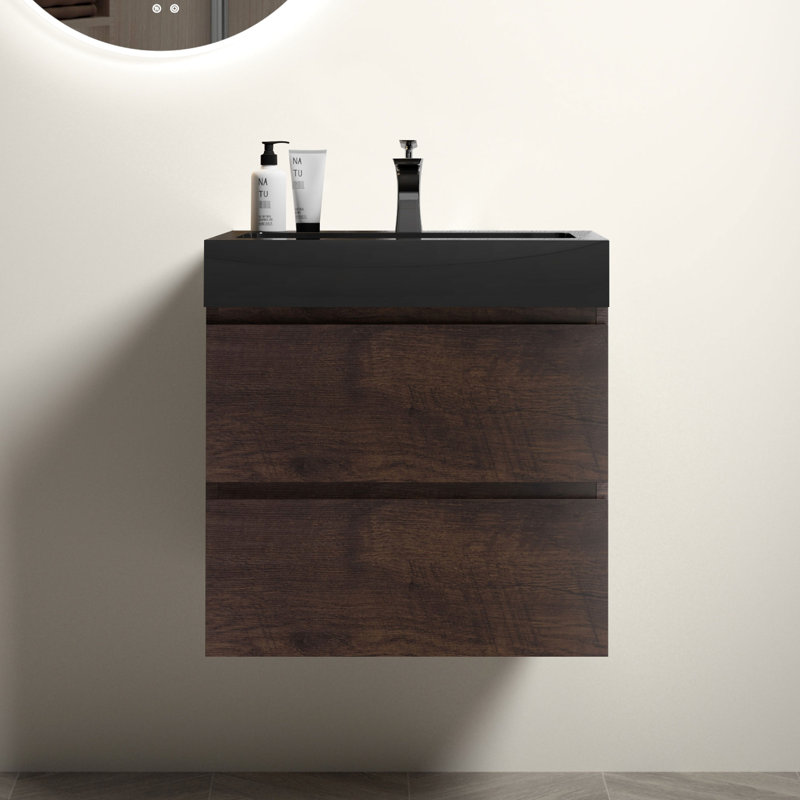 Bathroom Vanity 24" - Walnut, Mounted On Wall, Large Capacity, Black Sink Basin, Silent Drawer Modern Walnut Finish, With Ample Storage Space,