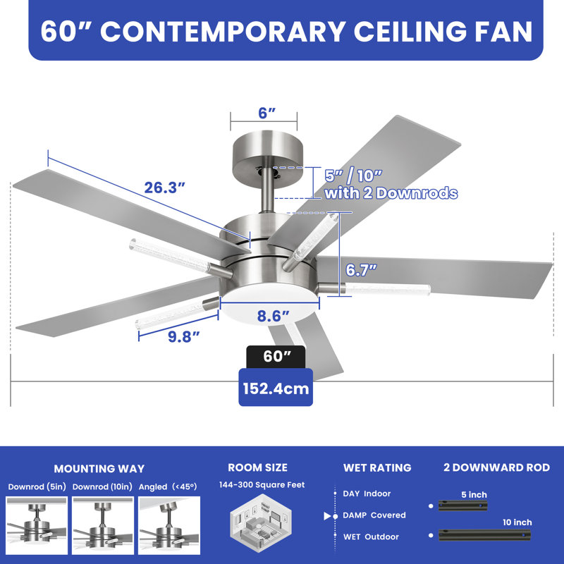 Laterrious 60'' Ceiling Fan with LED Lights, Silver