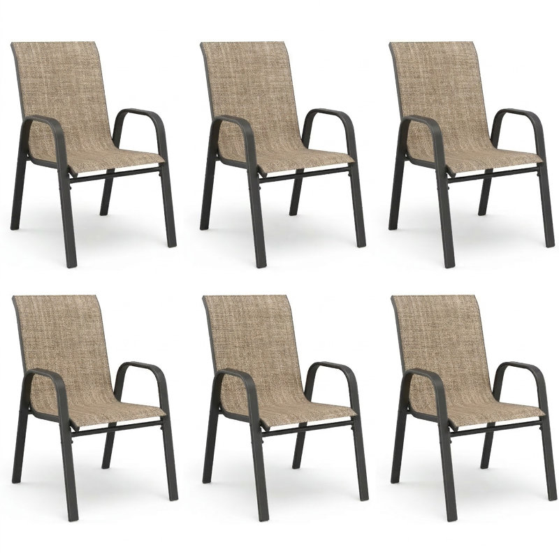 Chaise de salle à manger 6 pièces en métal brun avec tissu Teslin résistant à l'eau et à la rouille, Brun