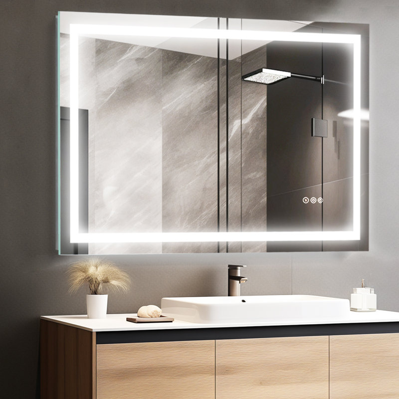 Miroir de salle de bain sans cadre à DEL avec lumières, miroir de salle de bain mural avec anti-buée, multifonction, 3 lumières à intensité variable, fonction de mémoire