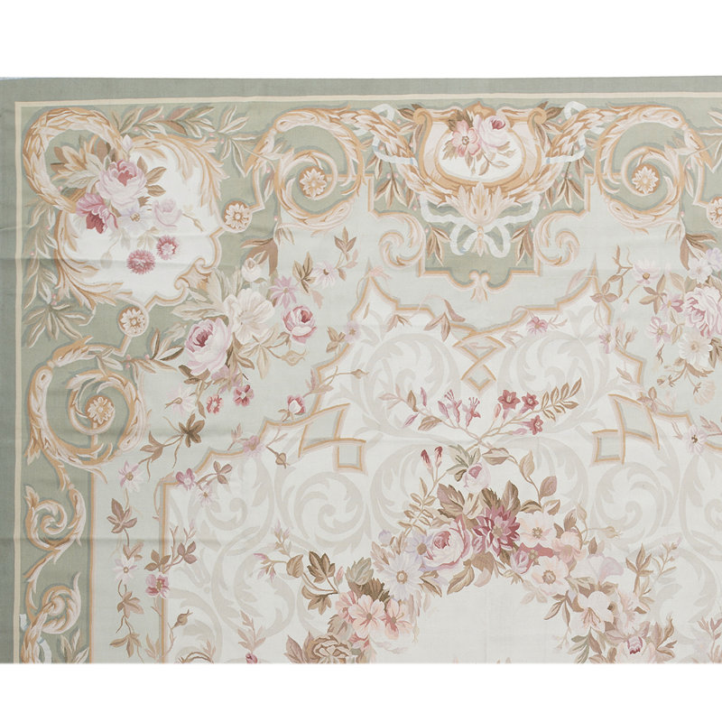 Hand-Knotted High-Quality Ivory and Green Area Rug