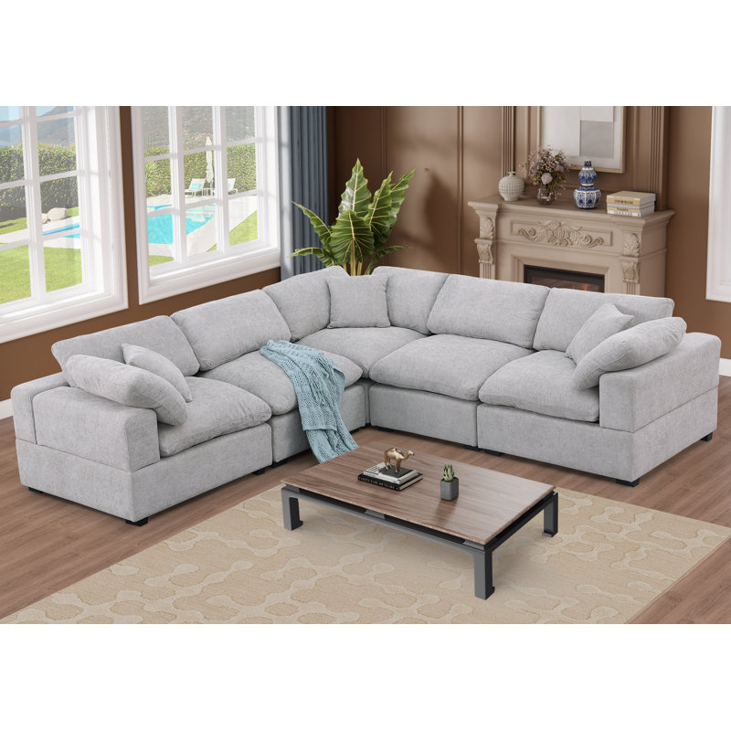 Wartow 6- Piece Upholstered Chenille Corner Sectional Sofa Couch, Light Gray