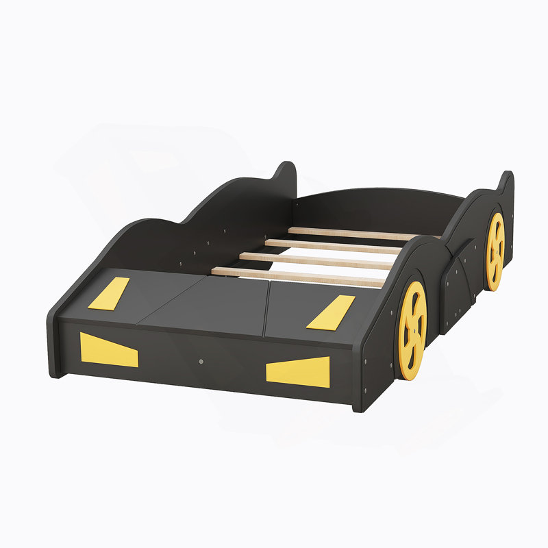 Lit plateforme simple en forme de voiture de course avec roues et rangement, Twin, Noir