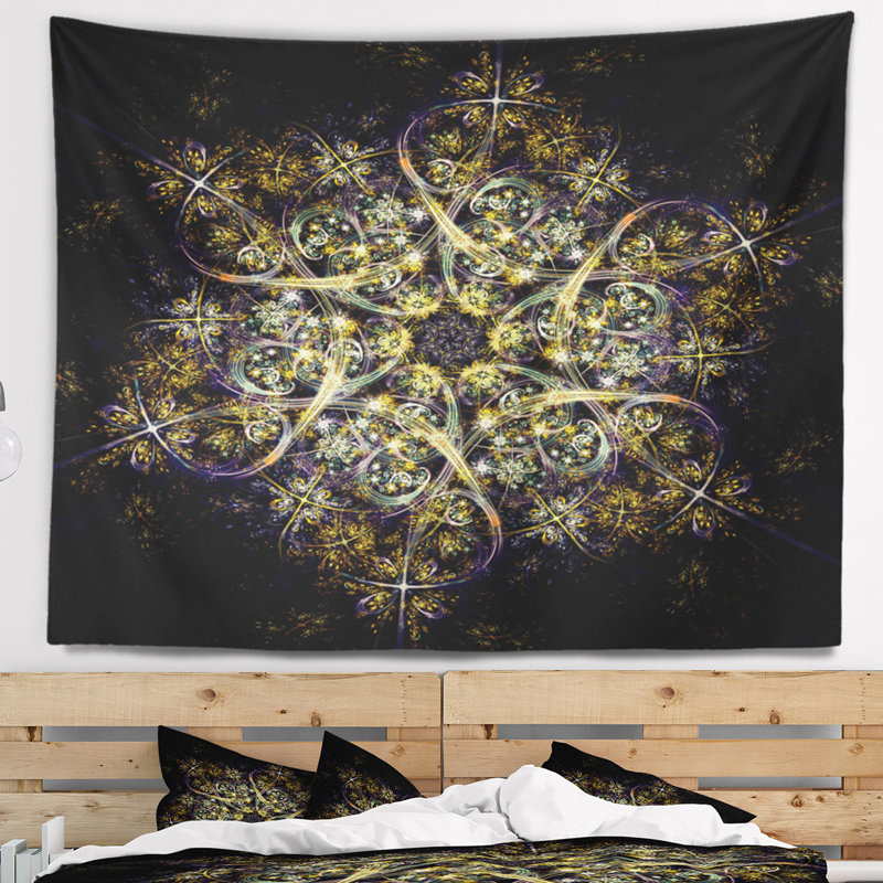 Tapisserie de fleur abstrait noir à motif floral jaune, H 78 po x l 92 po