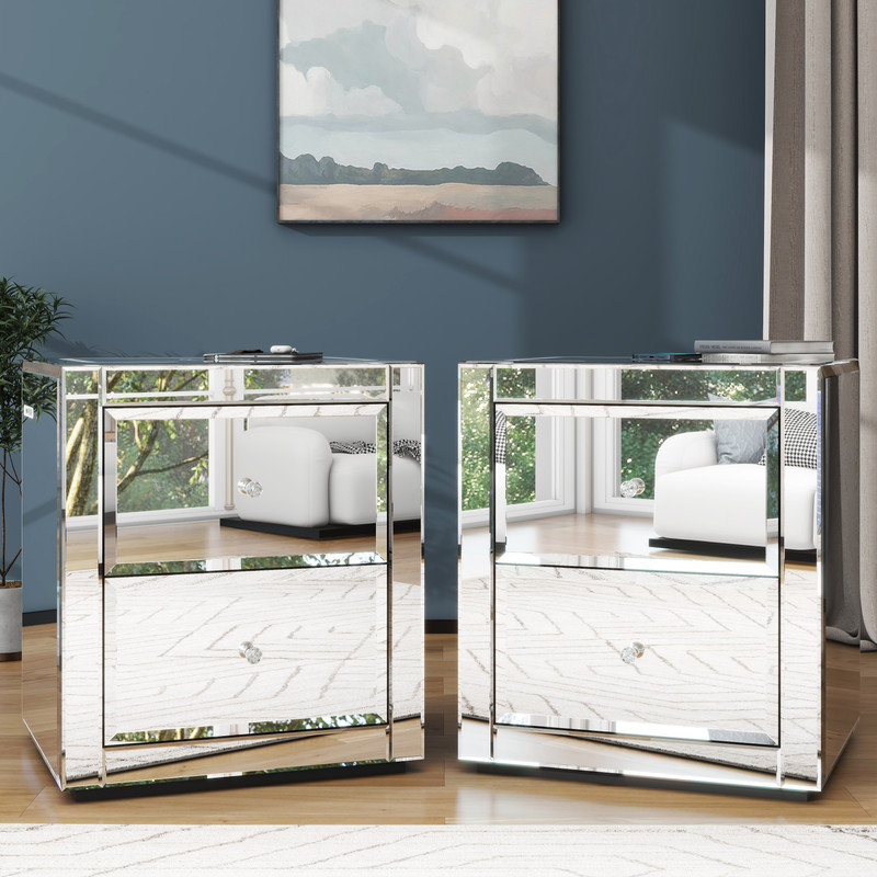 Jaunita Mirrored Glass Nightstand (Set of 2) LED Light Wireless USB Charging Station