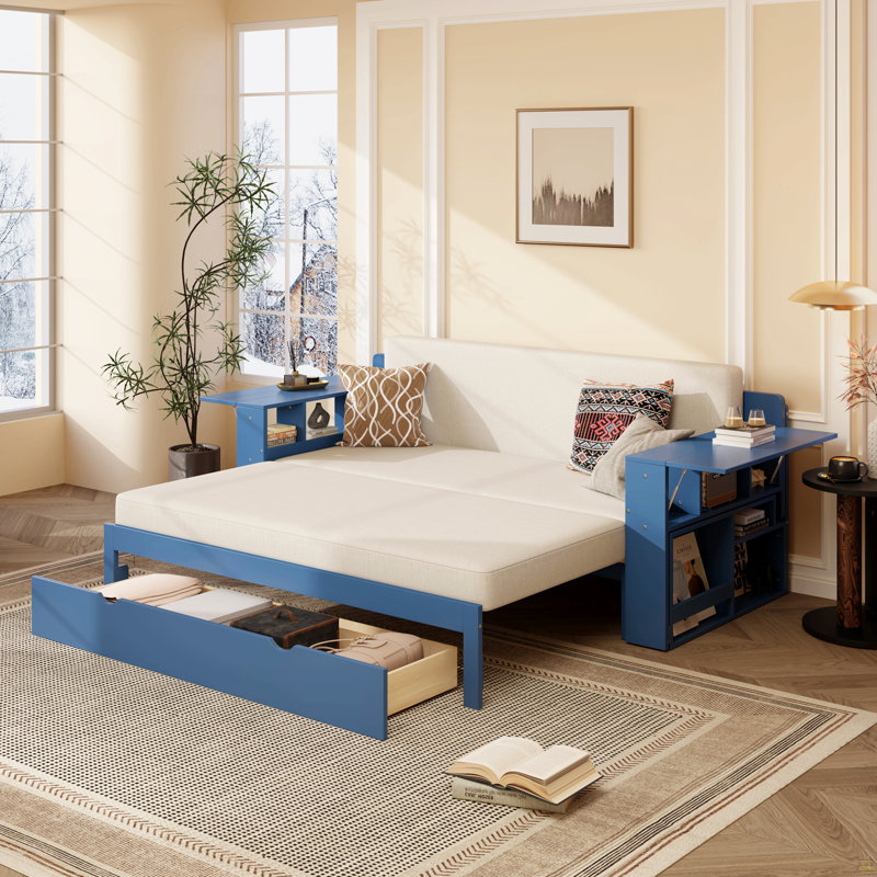 Grand lit de jour avec bureau amovible, tiroirs de rangement et table d'appoint hydraulique