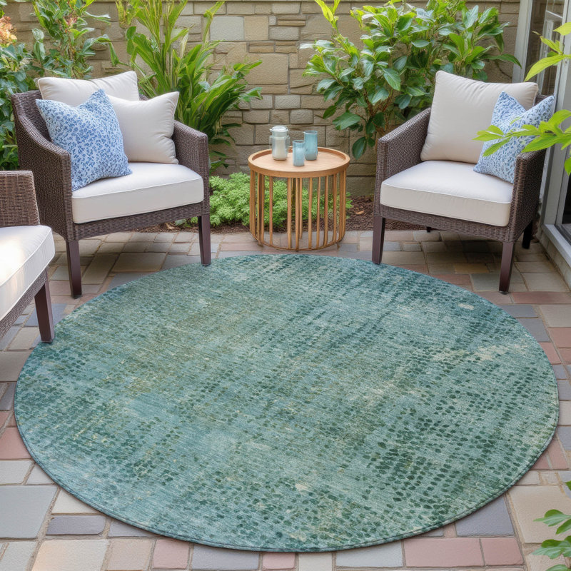 Machine Washable Indoor/Outdoor Xhevrie Teal Rug, Round 8'