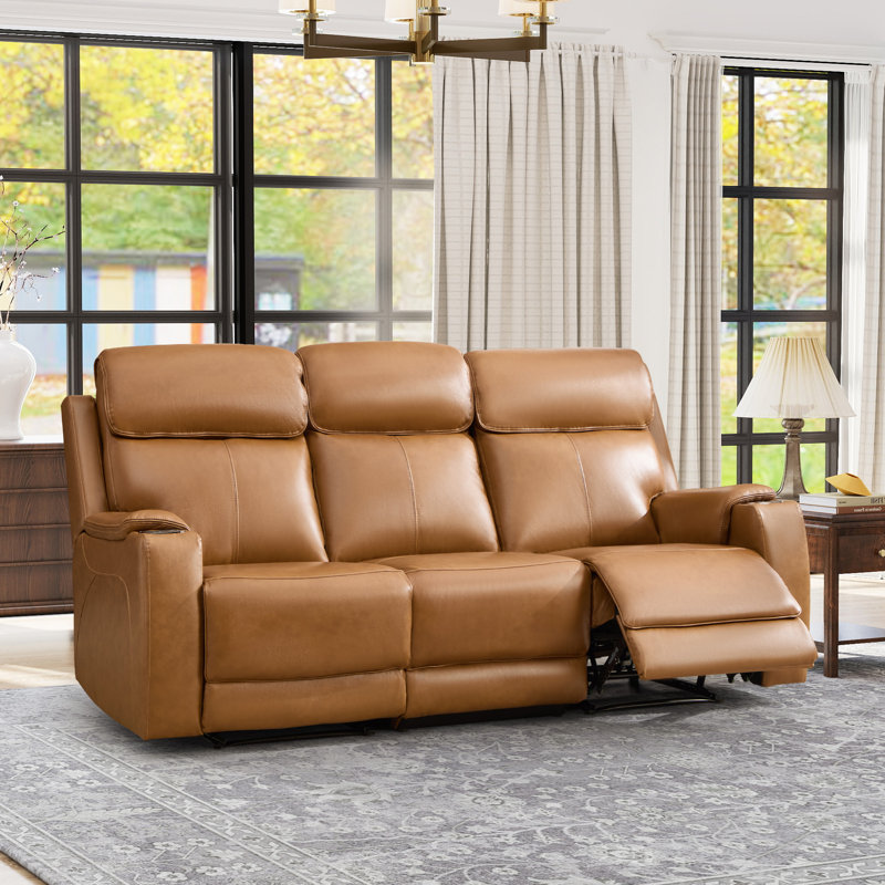 81.09" W Top Genuine Leather Power Reclining Sofa With Adjustable Headrest, USB & Wireless Charging, Caramel Brown