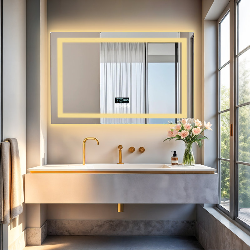 Led Bathroom Mirror With Lights, Wall-mounted With Bluetooth Speaker, Time & Date Display Anti-fog, 3 Color Temperature, Dimmable Brightness, Ip65 Waterproof, Tempered Glass, Frontlit & Backlit