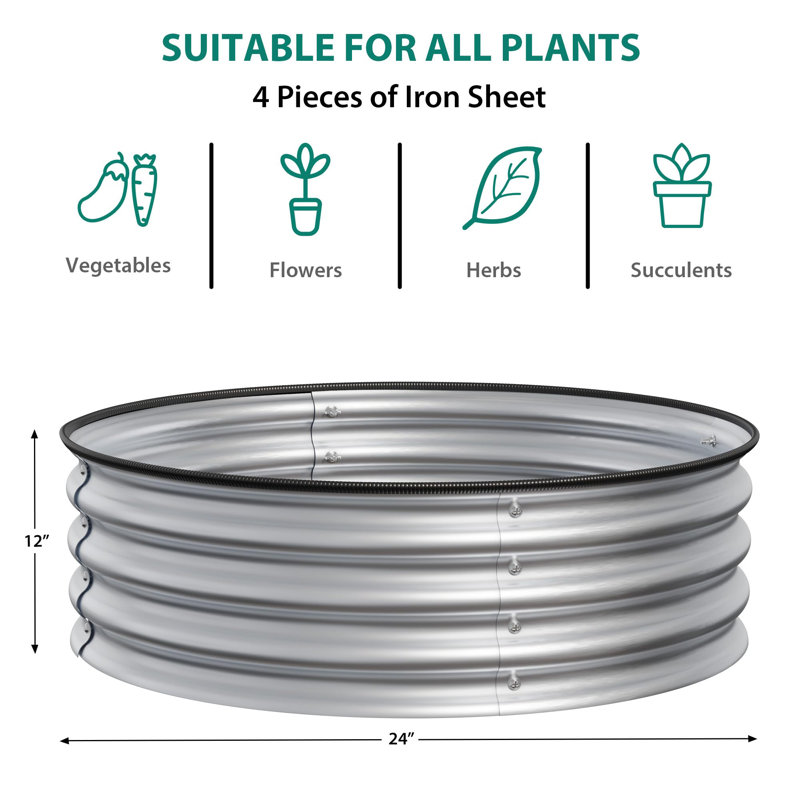 2 Pcs Round Raised Garden Bed, 2 x 1 ft Galvanized Metal Garden Bed Kit with Rust Resistant Steel, Safety Edge and Easy Assembly for Vegetables, Fruits and Flowers