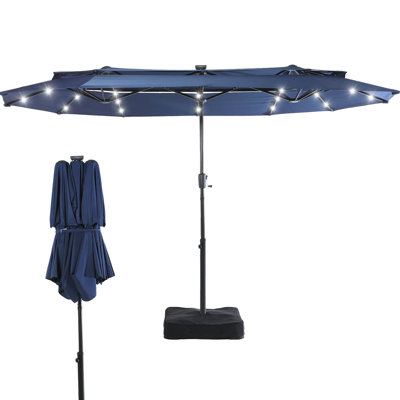 Parasol rectangulaire d'extérieur à double couche de 13 pi avec manivelle et lumière DEL solaire - Grand parasol de patio pour le jardin, la piscine et la terrasse (BLEU)