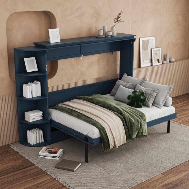 Lit plateforme en bois avec tablettes et tiroirs de rangement Murphy, Full, Blue