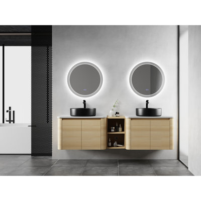 Meuble-lavabo mural 72 po avec lavabo d'art en céramique, 1 tablette de rangement, 4 portes à fermeture douce, rangement Kd, contreplaqué, arrangement contemporain