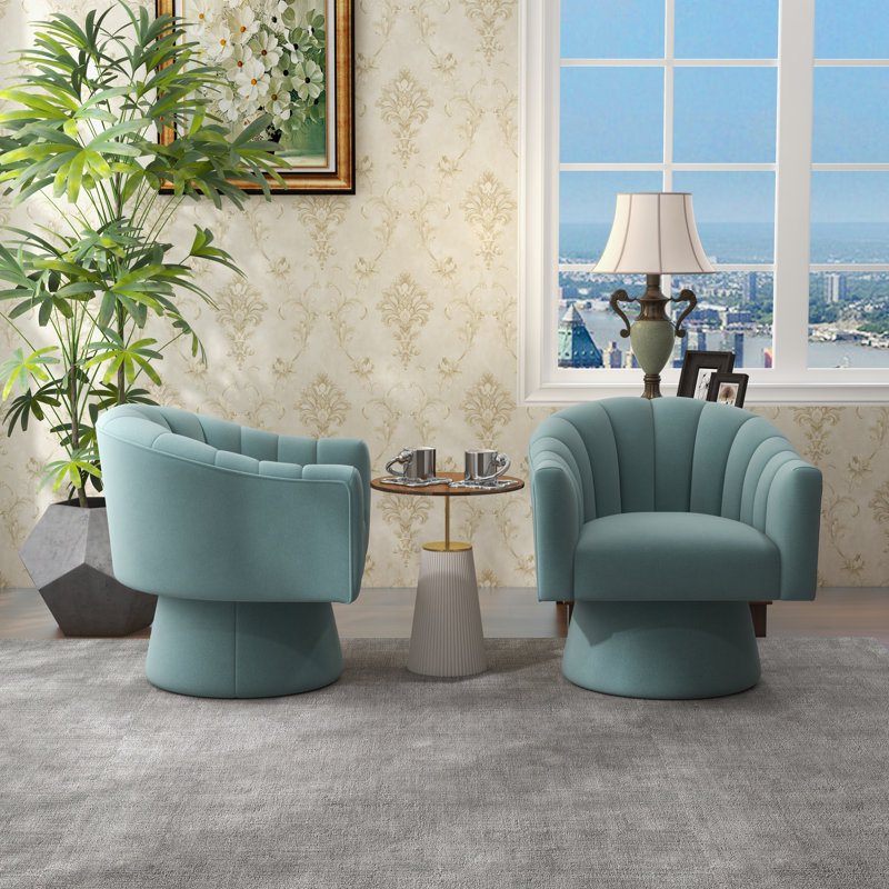 Fauteuil demi-tonneau pivotant de 25,2 po Iryanna, Velours bleu, 2