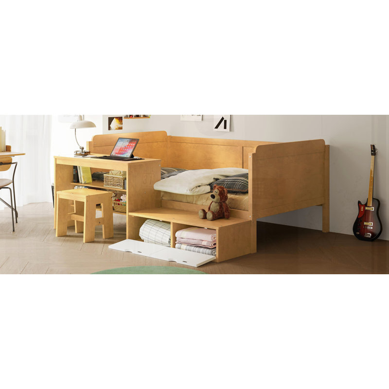 Lit de jour simple en bois avec tablettes de rangement et casiers, Naturel
