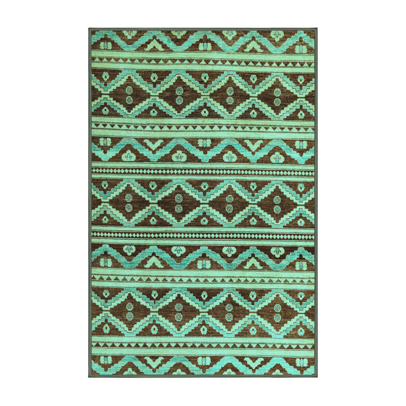 Tapis bleu / brun tissé à la machine Delsol Ikat, Rectangle 8 pi x 12 pi