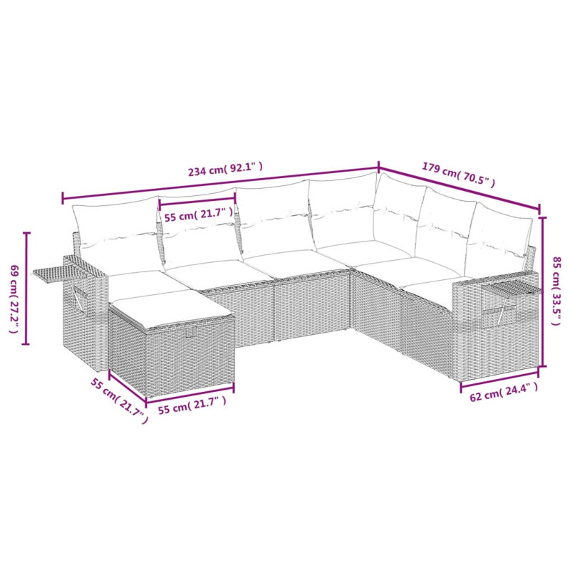 Latitude Run® 7 Piece Patio Sofa Set With Cushions Black Poly Rattan, Teal Cushion/ Black Frame