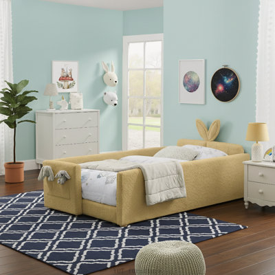 Twin Size Upholstered Platform Bed with Rabbit Ear Headboard, Safety Rail & Pocket, Boucle Fabric