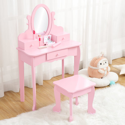 Wooden Kids Vanity Set with Mirror and Stool – Princess Makeup Table with Adjustable Mirror & Drawer for Girls Ages 4-9 – Pretend Play Desk – Pink, Without Light