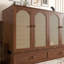 Grand lit escamotable, armoire-lit en bois de pin avec centrale électrique et panneau de décoration en rotin, noyer
