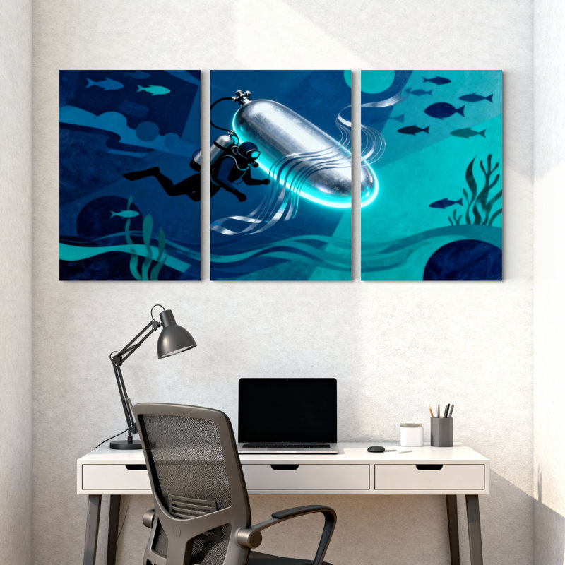 Ensemble de 3 impressions sur toile nautique et plage avec réservoir d'oxygène et poisson, H 18 po x l 36 po