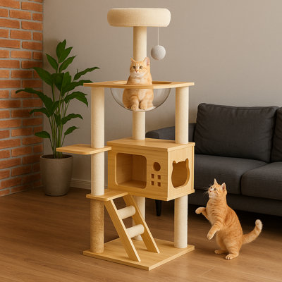 Tour pour arbre à chat 48,3 po - Meuble pour chat en bois avec poteaux en sisal, bol en acrylique et échelle