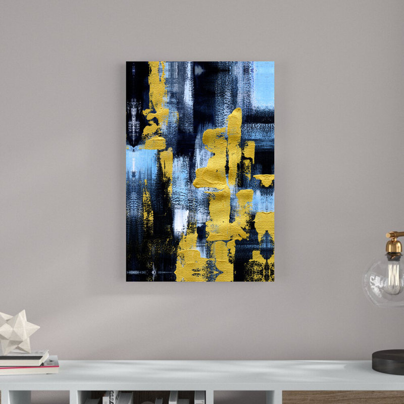 Peinture abstraite bleue, noire et dorée - peinture sur toile tendue, H 30 po x l 20 po