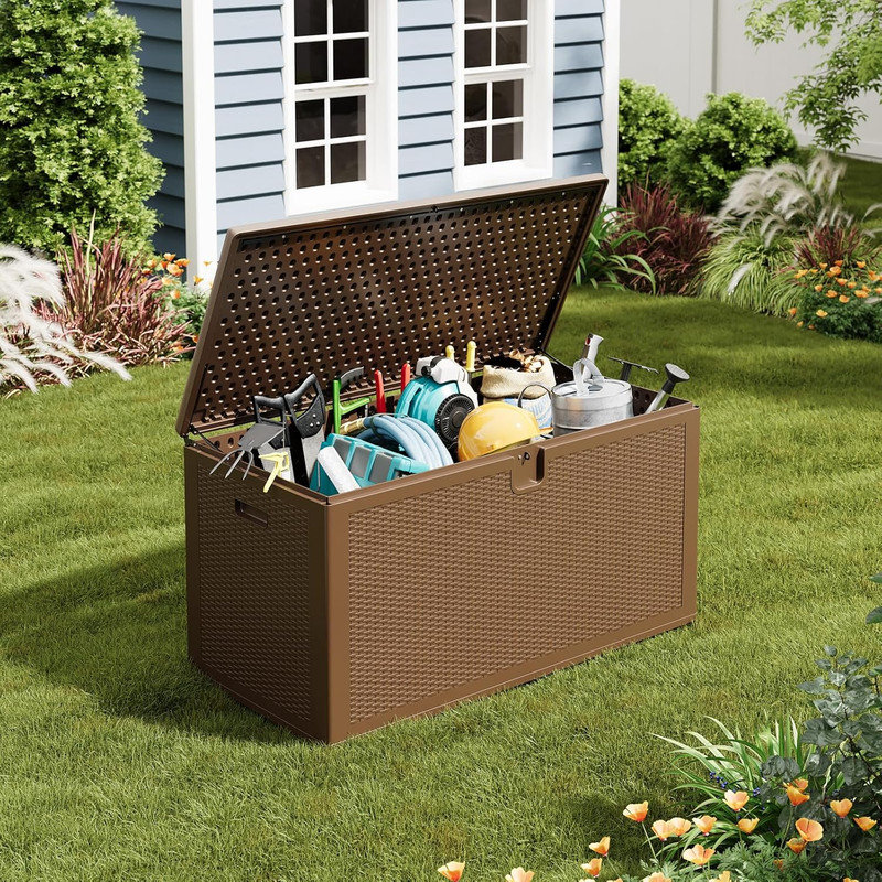 150 Gal Lockable Resin Deck Box, Waterproof Outdoor Storage with Bench Lid for Patio, Pool & Garden, Brown
