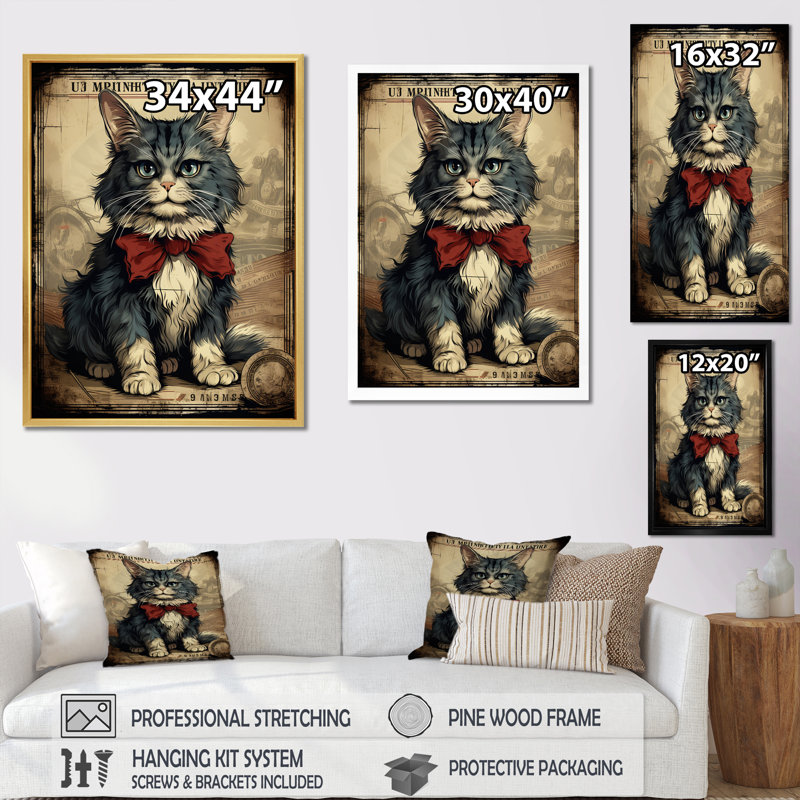 Illustration d'un chat avec un arc rouge, Toile tendue, H 44 po x l 34 po x P 1,5 po