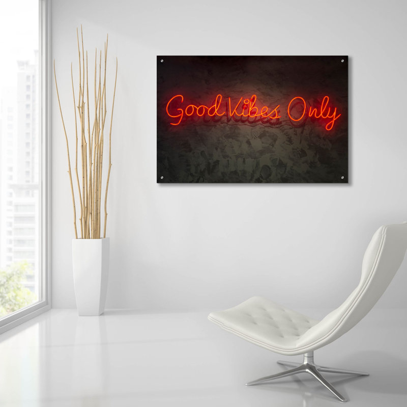 «Good Vibes Only In Neon Red» par Epic Portfolio, art mural en verre acrylique, H 24 po x l 36 po x P 0,2 po