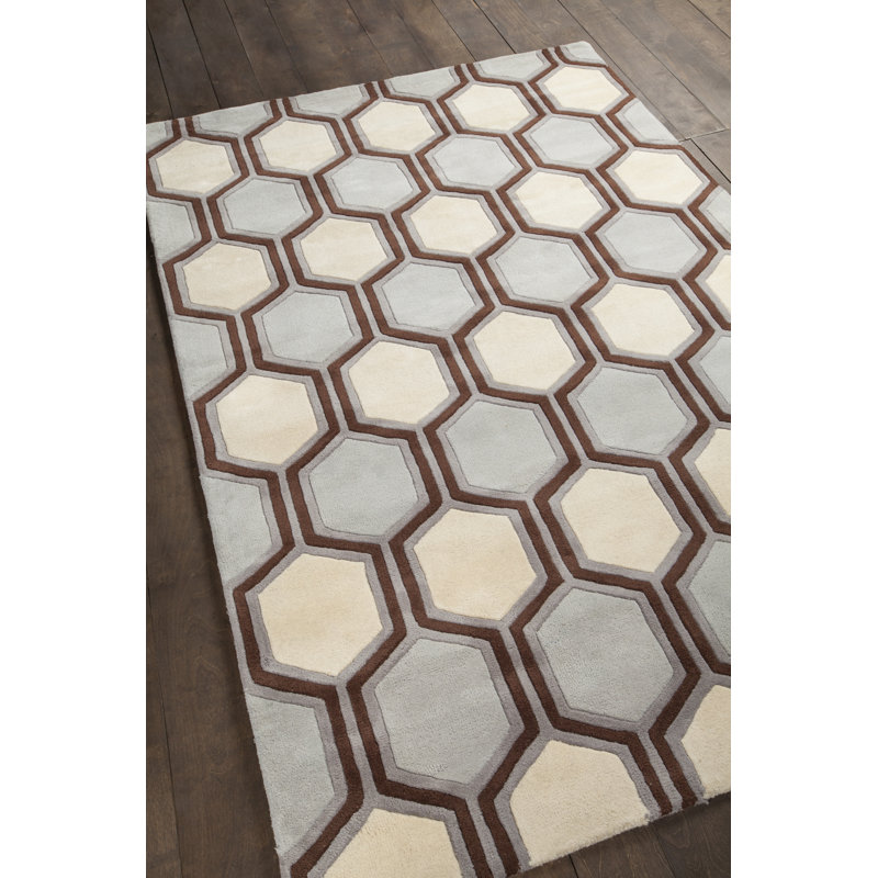 Tapis d'intérieur en laine touffeté à la main à motif géométrique bleu et blanc cassé Tamika Authentic