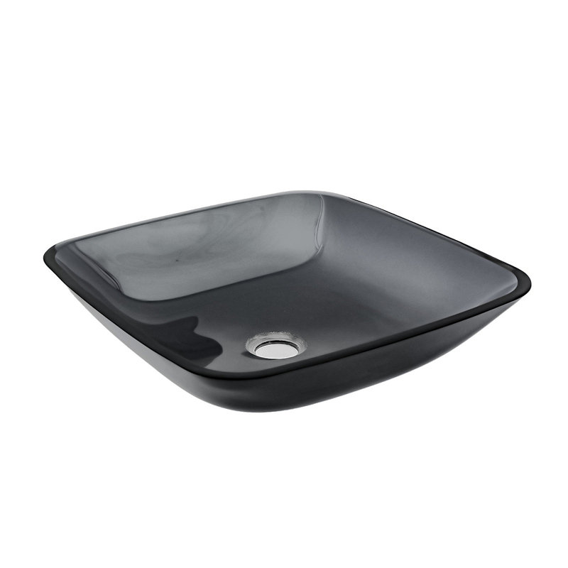 Bathroom Vessel Bathroom Sink Above Counter Grey Bowl Square Sink For Bathroom, Tempered Glass Vessel Sink With Pop-Up Drain (No Faucet)
