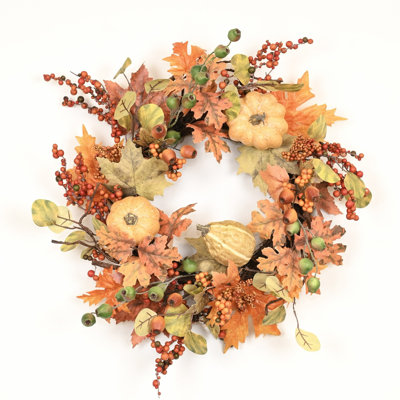 24 po, feuilles d'érable artificielles rustiques, baies, citrouilles, couronnes, porte d'entrée, couronne, jour de l'Action de grâce, fête d'Halloween, fête des récoltes, décor