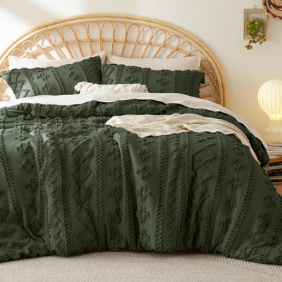 Tufted Boho Comforter Set Queen Size - Olive Green Boho Bedding Comforter Set, 3 Pieces Farmhouse Shabby Chic Embroidery Bed Set, Gifts For Woman, Soft Jacquard Comforter For All Seasons