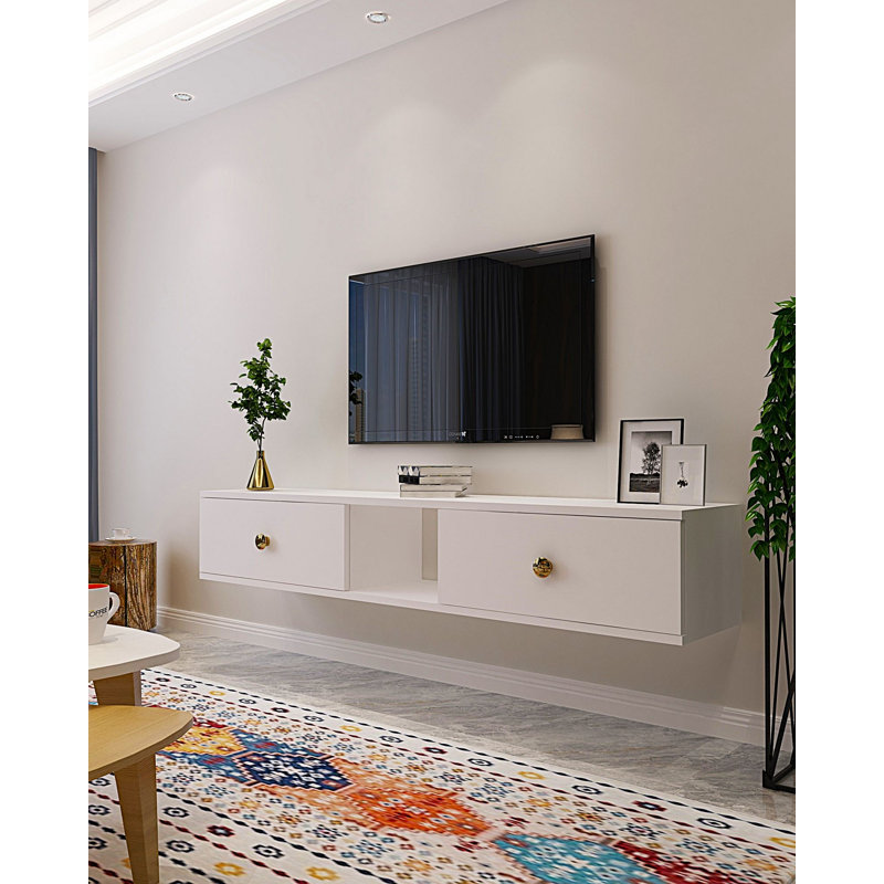 Meuble télé moderne blanc, mural, 59,1 po x 10,1 po x 11,6 po | 100% panneau de particules enduit de mélamine, épaisseur: 0,7 pouce | Conception élégante pour le salon et les espaces de divertissement, durable et élégante