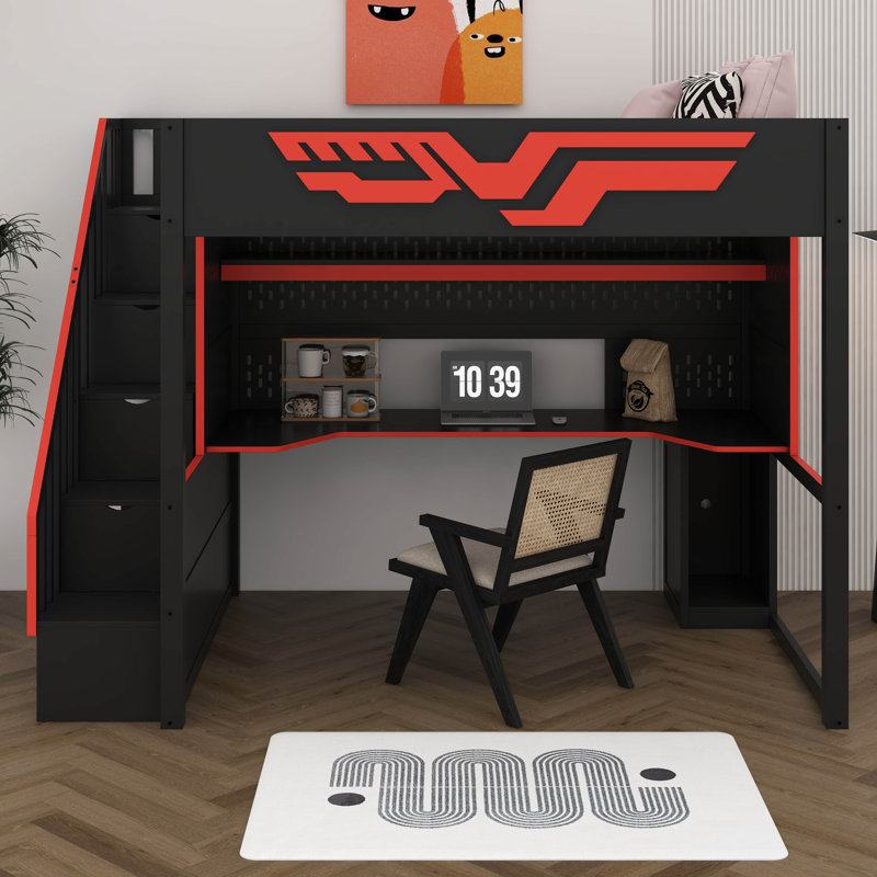 Full Size Gaming Loft Bed With Desk And Storage Staircase, Wood Loft Bed With LED Lights And USB For Kids, Teens, Adults
