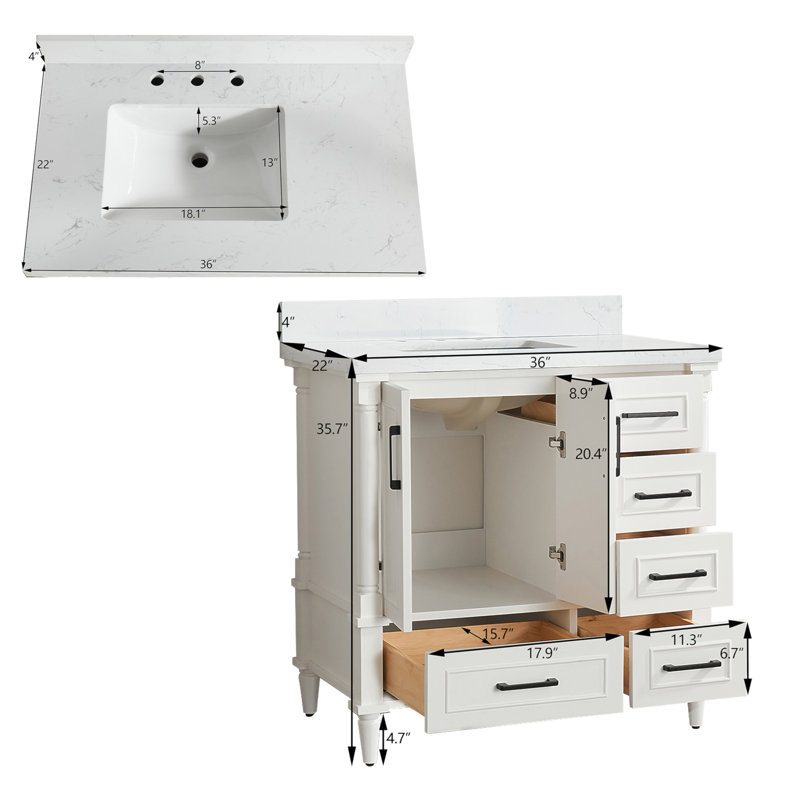 Ensemble de meuble-lavabo simple autoportant 36 po avec 2 poignées entièrement assemblé