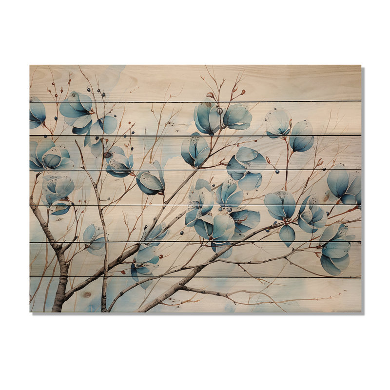 «Blue and Gray Leaves I», art mural sur bois de pin naturel, H 10 po x l 20 po