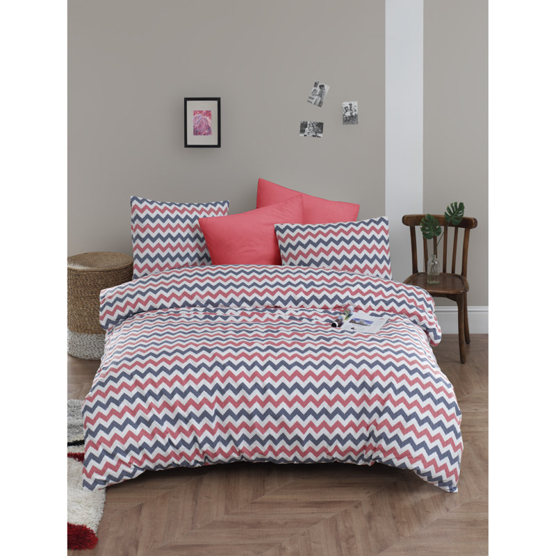 Ensemble de housse de couette 100% coton 3 pièces Elisiana, Bleu foncé / rouge / blanc