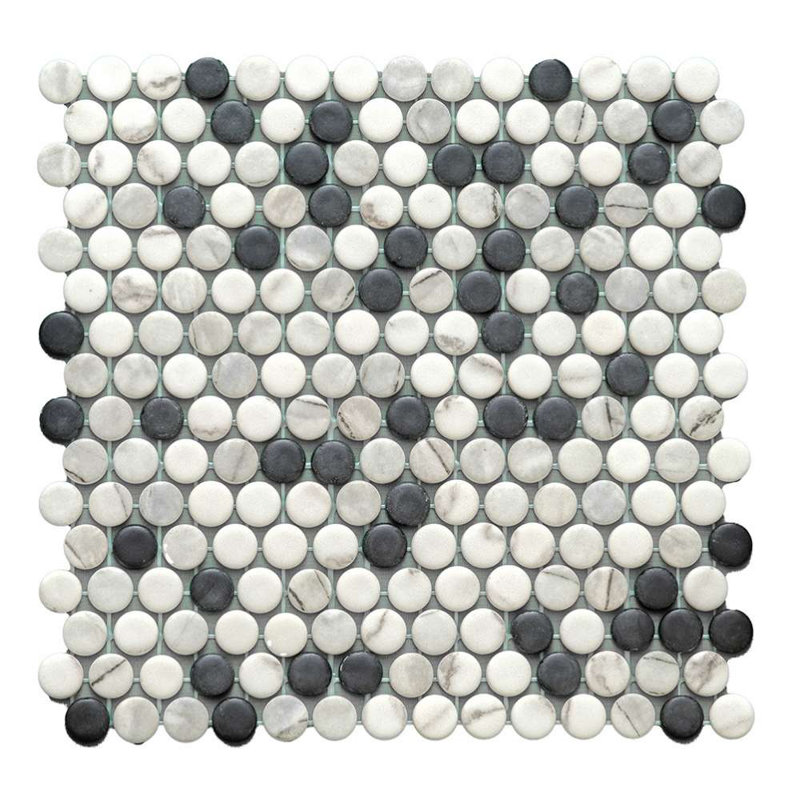 Carreau de mosaïque rond en verre 12 po x 12 po Eterna Penny, Noir / blanc