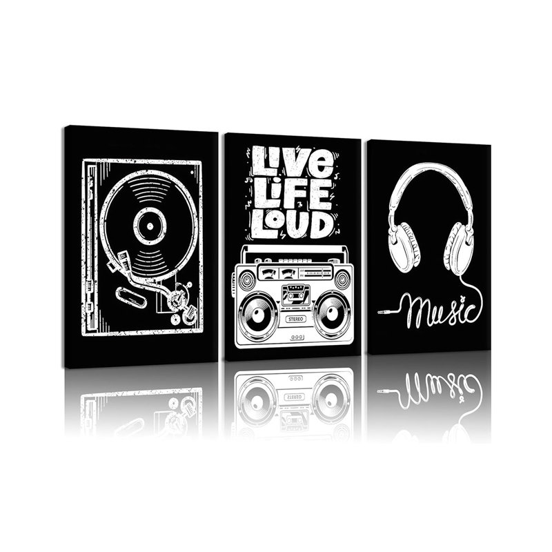 3 pcs Black and White Music Canvas Framed Wall Art, Vinyl Record Painting Poster Print Retro Font Design Rock Music Lover Decorative Images Suitable for Bedroom/Office Wall Decor 16x24 inch
